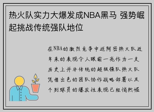 热火队实力大爆发成NBA黑马 强势崛起挑战传统强队地位