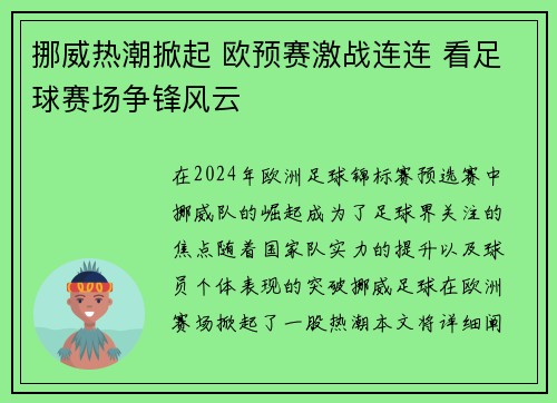 挪威热潮掀起 欧预赛激战连连 看足球赛场争锋风云