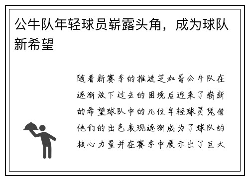 公牛队年轻球员崭露头角，成为球队新希望