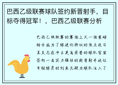 巴西乙级联赛球队签约新晋射手，目标夺得冠军！，巴西乙级联赛分析