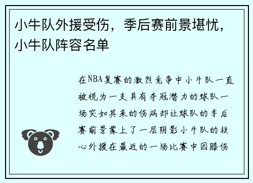 小牛队外援受伤，季后赛前景堪忧，小牛队阵容名单