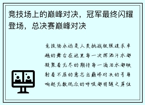 竞技场上的巅峰对决，冠军最终闪耀登场，总决赛巅峰对决