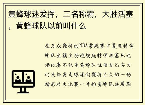 黄蜂球迷发挥，三名称霸，大胜活塞，黄蜂球队以前叫什么
