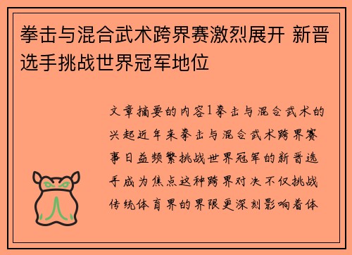 拳击与混合武术跨界赛激烈展开 新晋选手挑战世界冠军地位